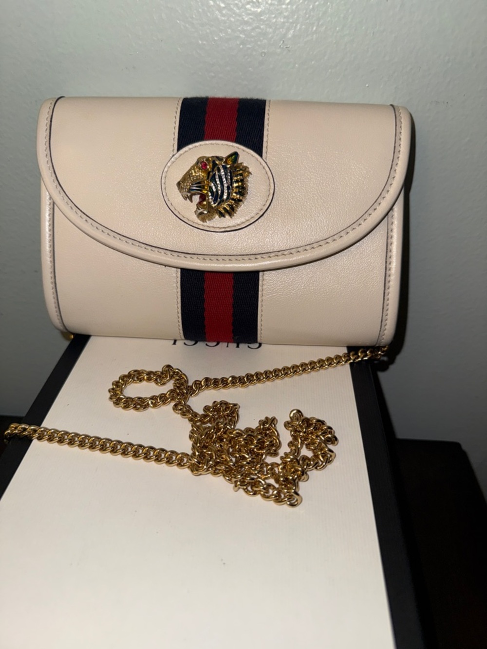 Gucci Cream Leather Crossbody with Navy and Red Web Stripe and Gold Chain
